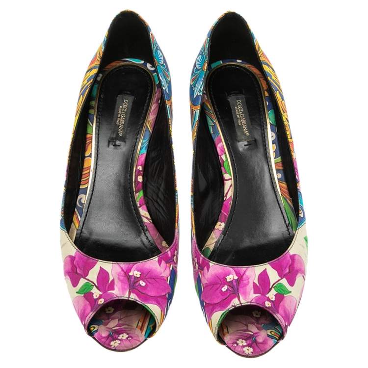 Pre Owned Dolce & Gabbana Multicolor Canvas  Floral Peep Toe Pumps Size 39