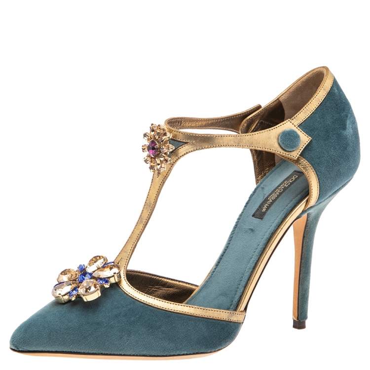 Pre Owned Dolce & Gabbana Blue Velvet Crystal Embellished Ankle Strap Sandals Size 39