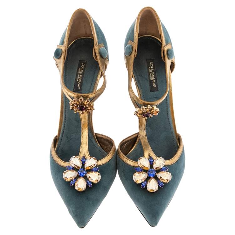 Pre Owned Dolce & Gabbana Blue Velvet Crystal Embellished Ankle Strap Sandals Size 39