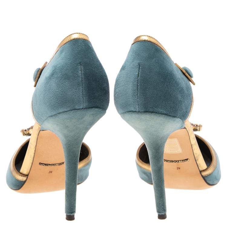 Pre Owned Dolce & Gabbana Blue Velvet Crystal Embellished Ankle Strap Sandals Size 39