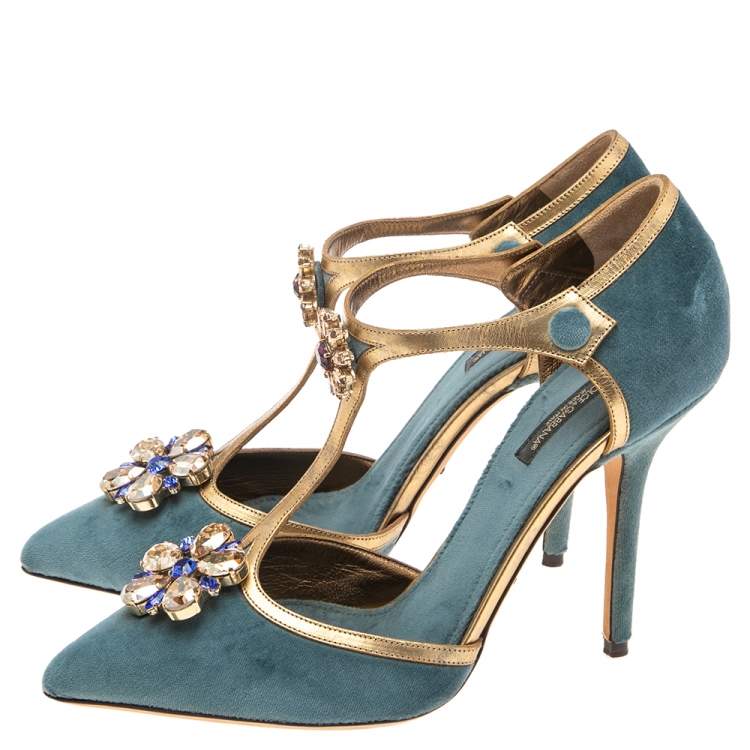 Pre Owned Dolce & Gabbana Blue Velvet Crystal Embellished Ankle Strap Sandals Size 39