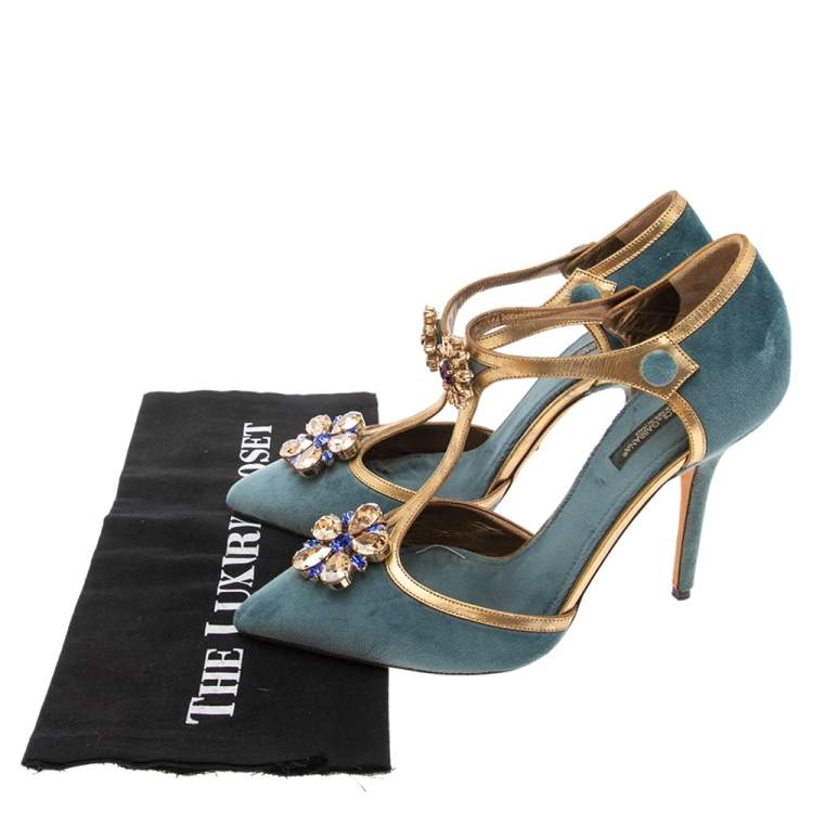 Pre Owned Dolce & Gabbana Blue Velvet Crystal Embellished Ankle Strap Sandals Size 39