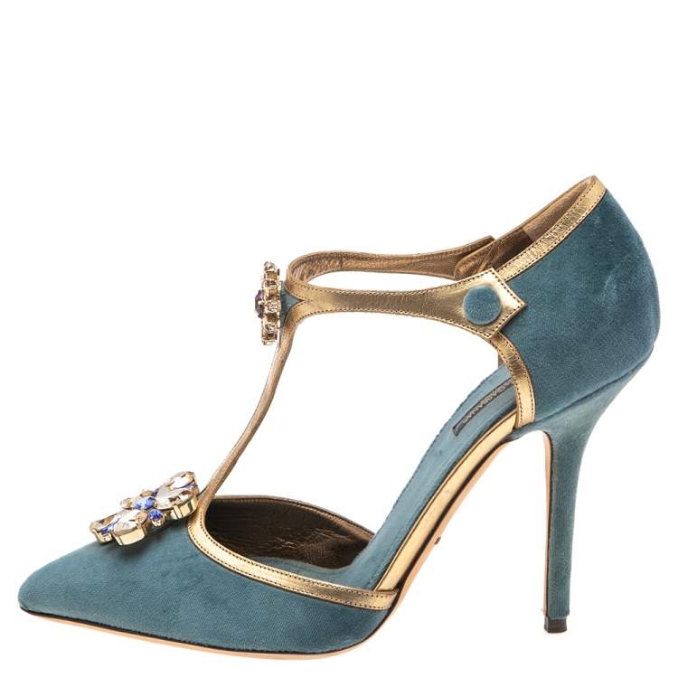 Pre Owned Dolce & Gabbana Blue Velvet Crystal Embellished Ankle Strap Sandals Size 39