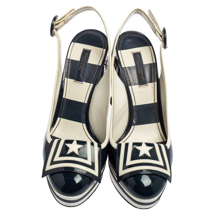 Pre Owned Dolce & Gabbana Navy Blue/White Patent Leather Nautical Slingback Pumps Size 37