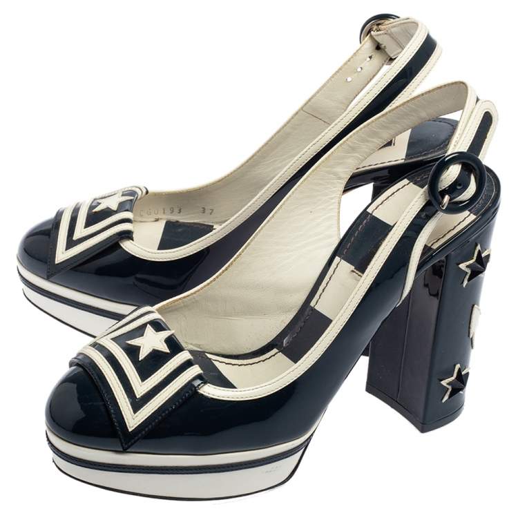 Pre Owned Dolce & Gabbana Navy Blue/White Patent Leather Nautical Slingback Pumps Size 37