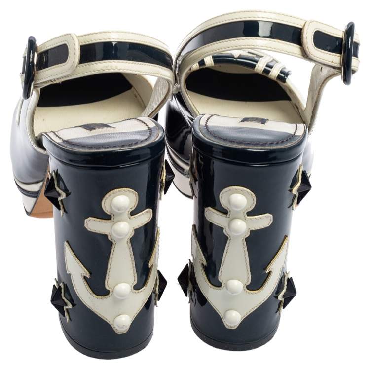 Pre Owned Dolce & Gabbana Navy Blue/White Patent Leather Nautical Slingback Pumps Size 37