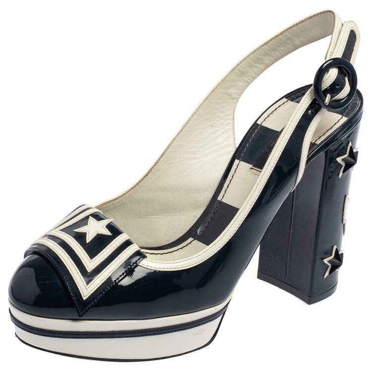 Pre Owned Dolce & Gabbana Navy Blue/White Patent Leather Nautical Slingback Pumps Size 37