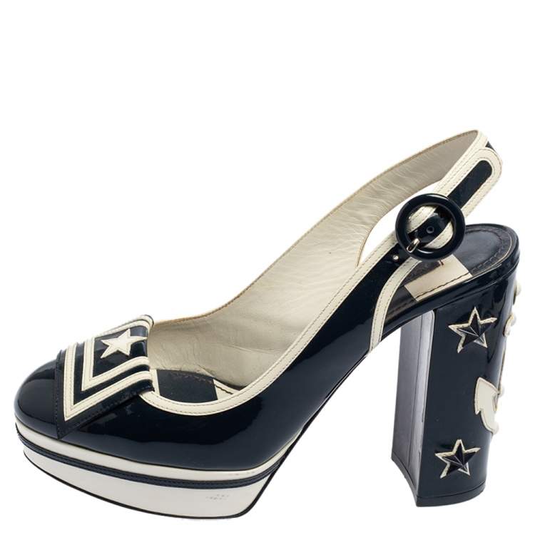 Pre Owned Dolce & Gabbana Navy Blue/White Patent Leather Nautical Slingback Pumps Size 37