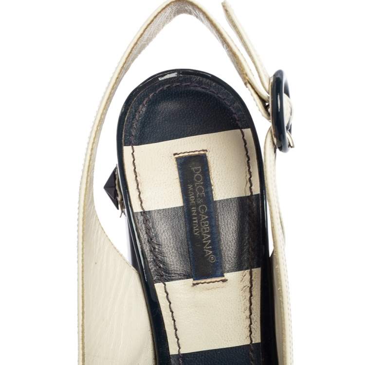 Pre Owned Dolce & Gabbana Navy Blue/White Patent Leather Nautical Slingback Pumps Size 37