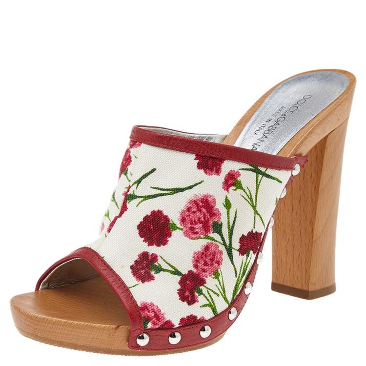 Pre Owned Dolce & Gabbana White/Red Floral Print Canvas And Leather Clogs Sandals Size 37