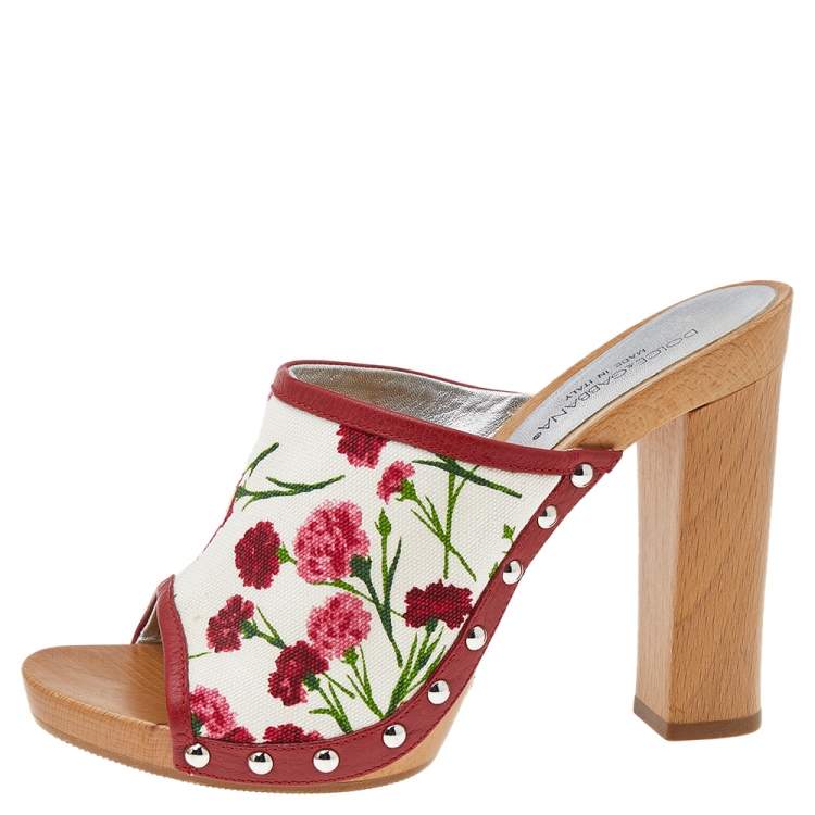 Pre Owned Dolce & Gabbana White/Red Floral Print Canvas And Leather Clogs Sandals Size 37