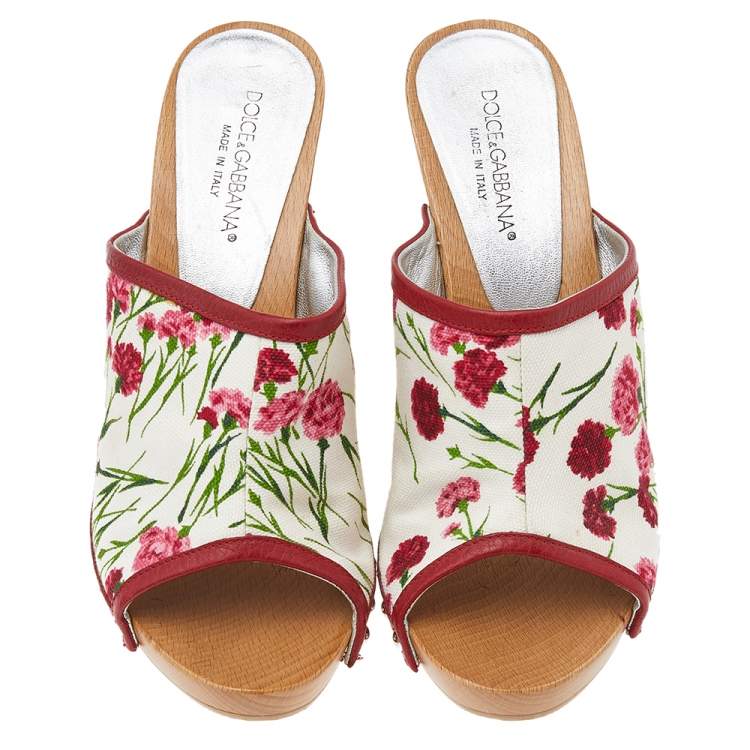 Pre Owned Dolce & Gabbana White/Red Floral Print Canvas And Leather Clogs Sandals Size 37