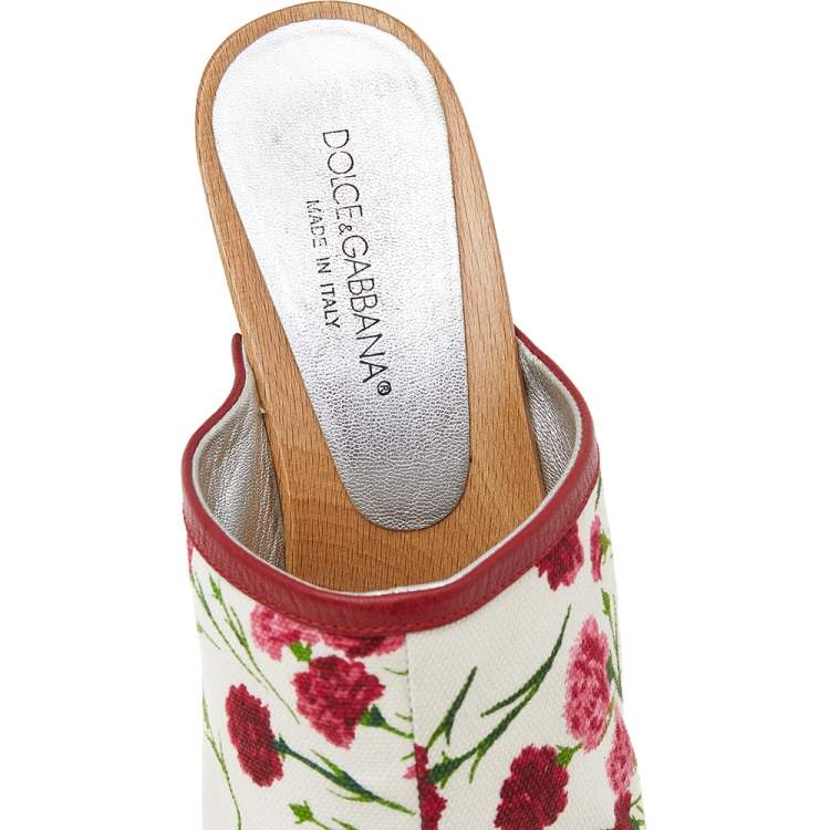 Pre Owned Dolce & Gabbana White/Red Floral Print Canvas And Leather Clogs Sandals Size 37