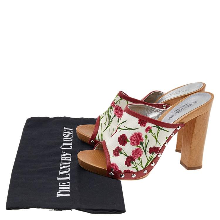 Pre Owned Dolce & Gabbana White/Red Floral Print Canvas And Leather Clogs Sandals Size 37