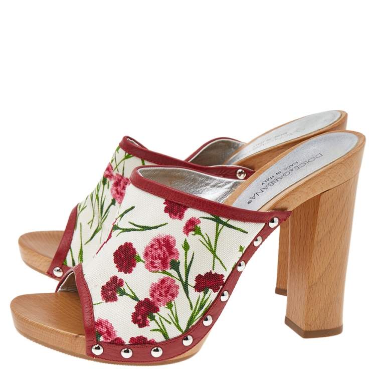 Pre Owned Dolce & Gabbana White/Red Floral Print Canvas And Leather Clogs Sandals Size 37