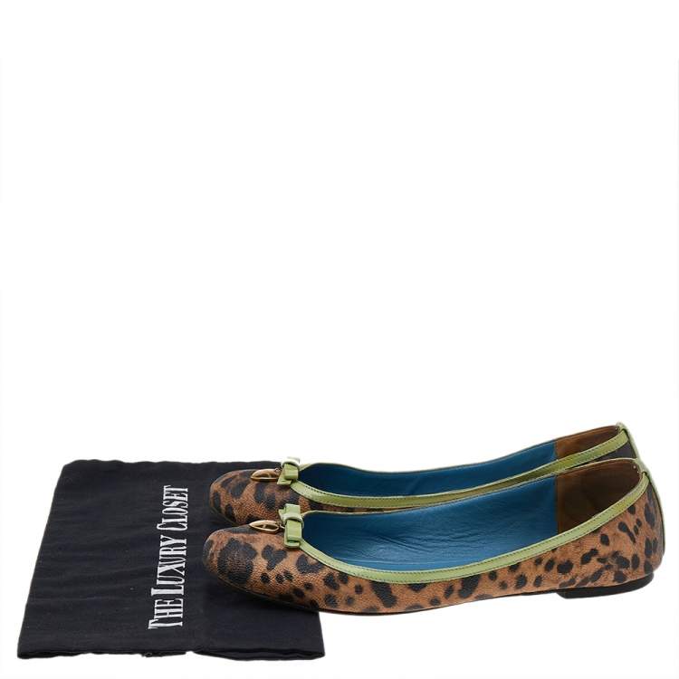 Pre Owned Dolce & Gabbana Brown/Green Leopard Print Coated Canvas And Patent Leather Ballet Flats Size 40