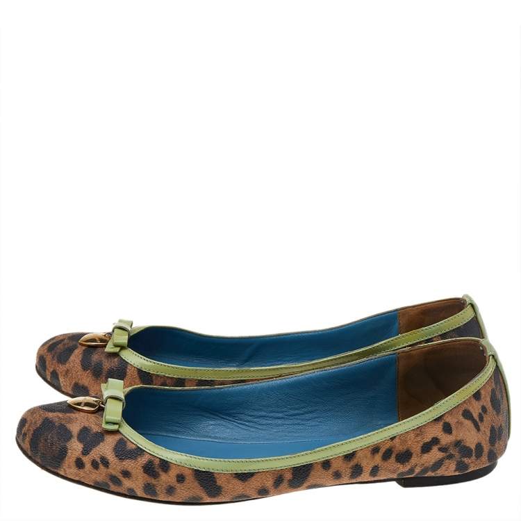 Pre Owned Dolce & Gabbana Brown/Green Leopard Print Coated Canvas And Patent Leather Ballet Flats Size 40
