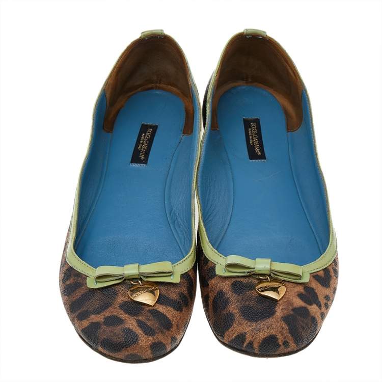 Pre Owned Dolce & Gabbana Brown/Green Leopard Print Coated Canvas And Patent Leather Ballet Flats Size 40