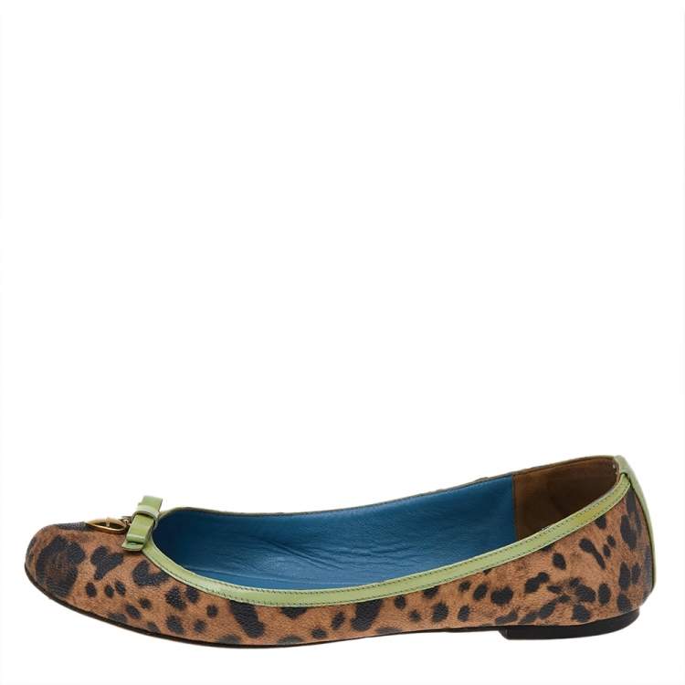 Pre Owned Dolce & Gabbana Brown/Green Leopard Print Coated Canvas And Patent Leather Ballet Flats Size 40