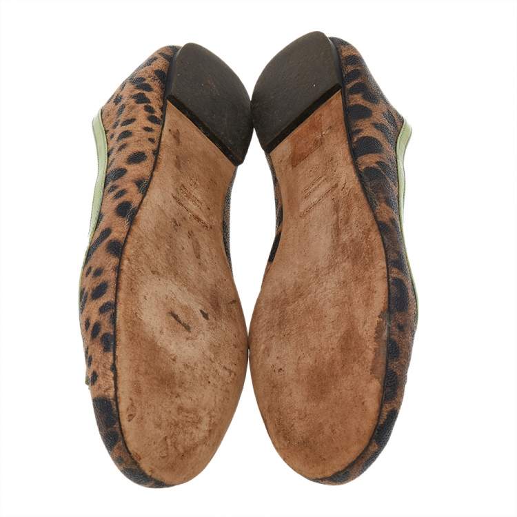 Pre Owned Dolce & Gabbana Brown/Green Leopard Print Coated Canvas And Patent Leather Ballet Flats Size 40