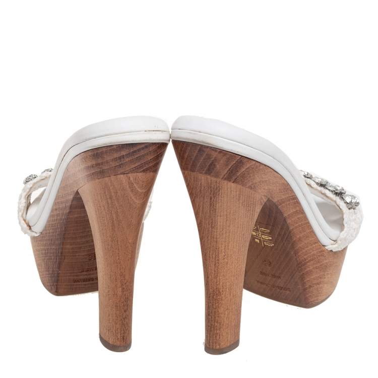 Pre Owned Dolce & Gabbana White Crochet Fabric Crystal Embellished Wooden Platform Sandals Size 38