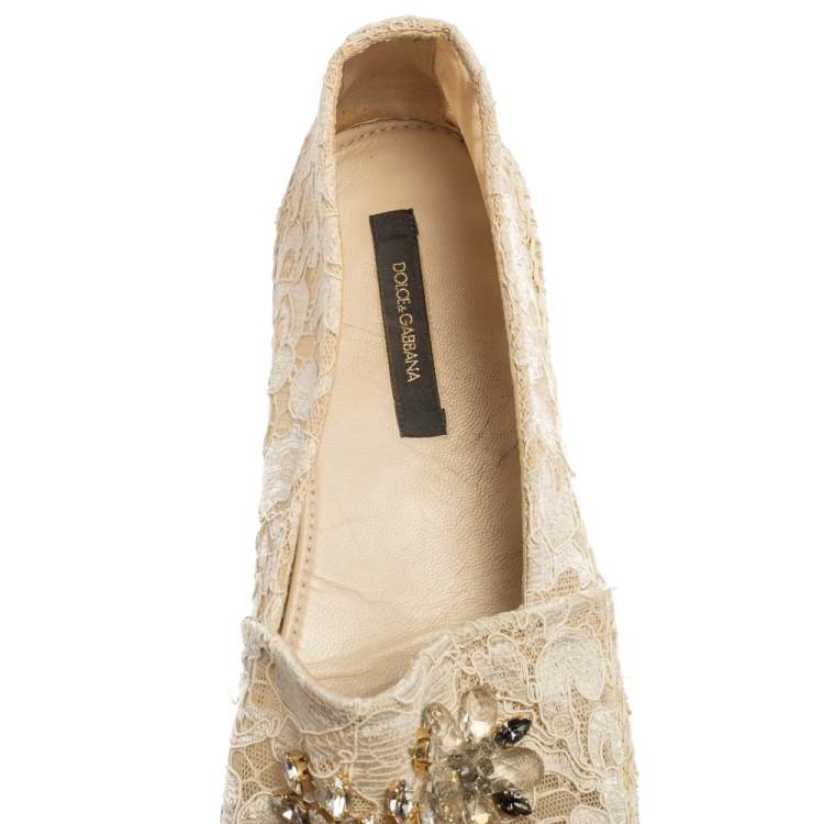 Pre Owned Dolce & Gabbana Beige Lace Crystal Embellished Espadrilles Size 40