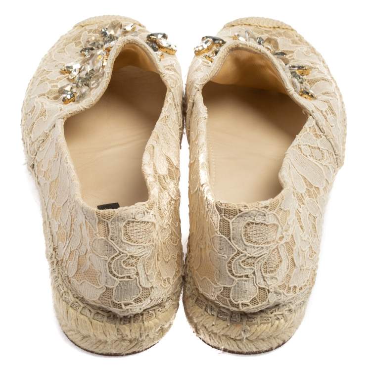 Pre Owned Dolce & Gabbana Beige Lace Crystal Embellished Espadrilles Size 40