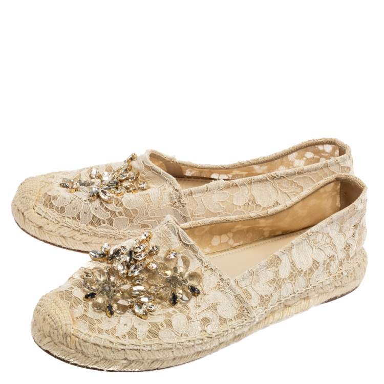Pre Owned Dolce & Gabbana Beige Lace Crystal Embellished Espadrilles Size 40