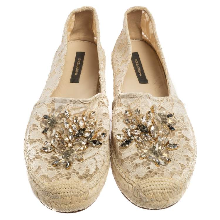 Pre Owned Dolce & Gabbana Beige Lace Crystal Embellished Espadrilles Size 40