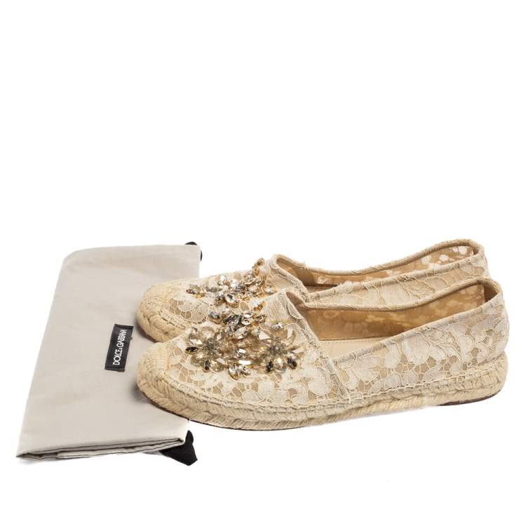 Pre Owned Dolce & Gabbana Beige Lace Crystal Embellished Espadrilles Size 40
