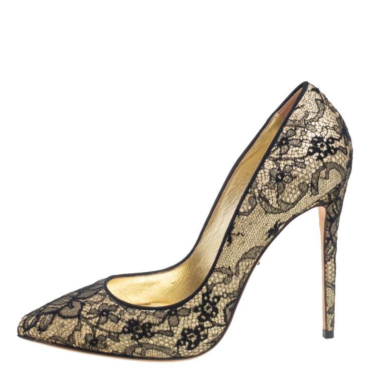 Pre Owned Dolce & Gabbana Metallic Gold Glitter and Black Chantilly Lace Pointed Toe Pumps Size 38.5