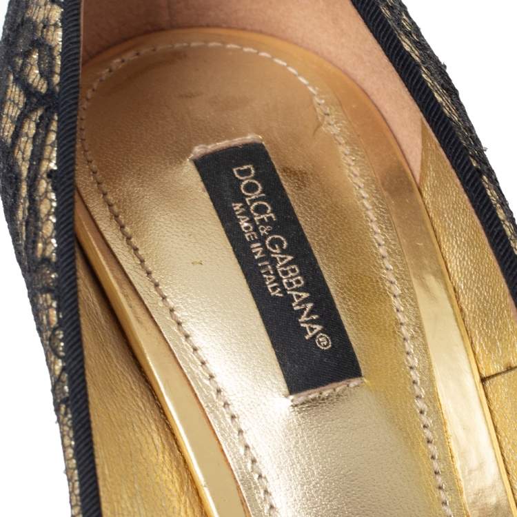 Pre Owned Dolce & Gabbana Metallic Gold Glitter and Black Chantilly Lace Pointed Toe Pumps Size 38.5