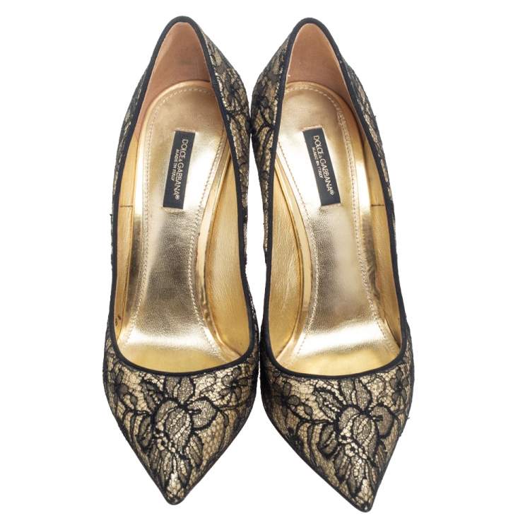 Pre Owned Dolce & Gabbana Metallic Gold Glitter and Black Chantilly Lace Pointed Toe Pumps Size 38.5