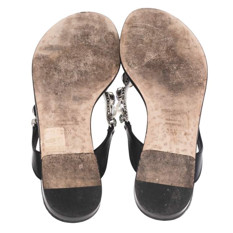 Pre Owned Dolce & Gabbana Black Leather Crystal Embellished Thong Flat Sandals Size 36.5