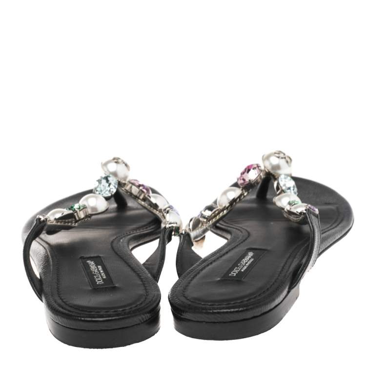 Pre Owned Dolce & Gabbana Black Leather Crystal Embellished Thong Flat Sandals Size 36.5