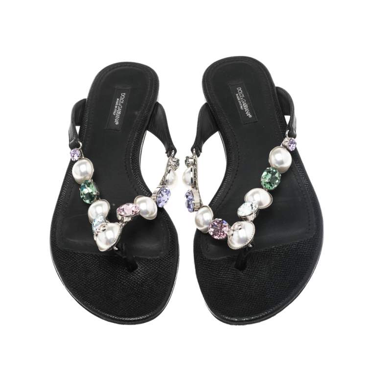 Pre Owned Dolce & Gabbana Black Leather Crystal Embellished Thong Flat Sandals Size 36.5