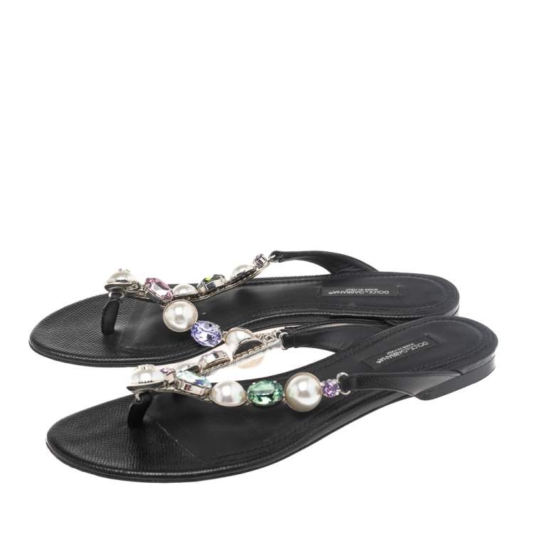 Pre Owned Dolce & Gabbana Black Leather Crystal Embellished Thong Flat Sandals Size 36.5