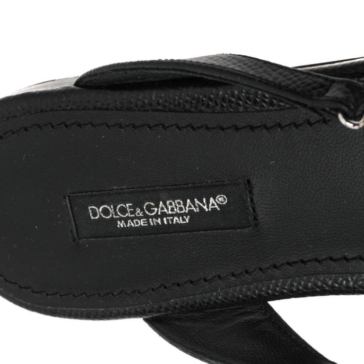 Pre Owned Dolce & Gabbana Black Leather Crystal Embellished Thong Flat Sandals Size 36.5