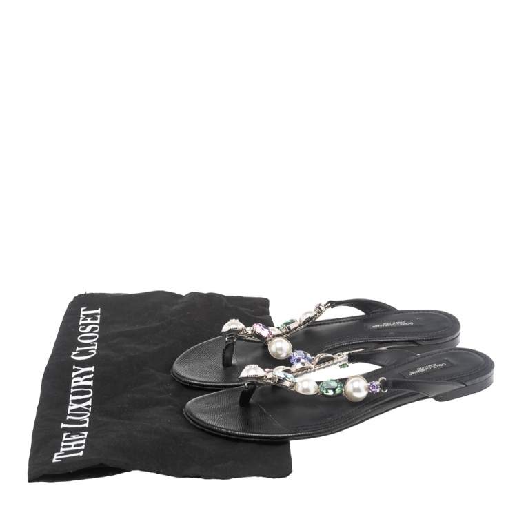 Pre Owned Dolce & Gabbana Black Leather Crystal Embellished Thong Flat Sandals Size 36.5