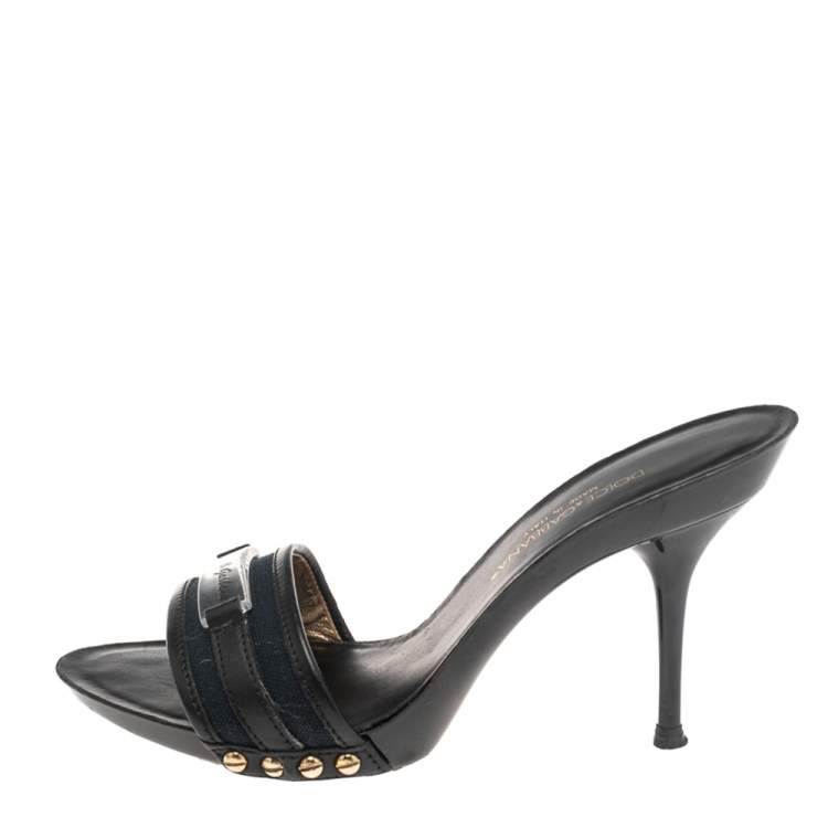 Pre Owned Dolce & Gabbana Black/Blue Canvas And Leather Slides Size 36