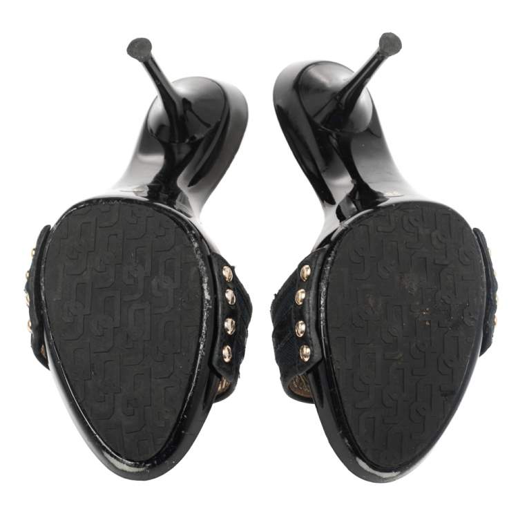 Pre Owned Dolce & Gabbana Black/Blue Canvas And Leather Slides Size 36