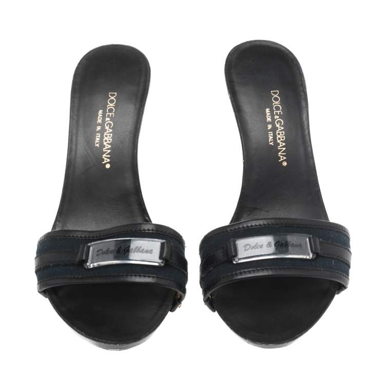 Pre Owned Dolce & Gabbana Black/Blue Canvas And Leather Slides Size 36