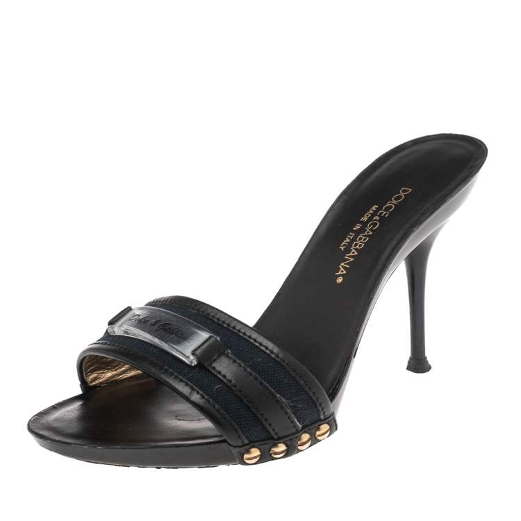 Pre Owned Dolce & Gabbana Black/Blue Canvas And Leather Slides Size 36
