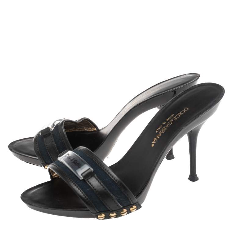 Pre Owned Dolce & Gabbana Black/Blue Canvas And Leather Slides Size 36