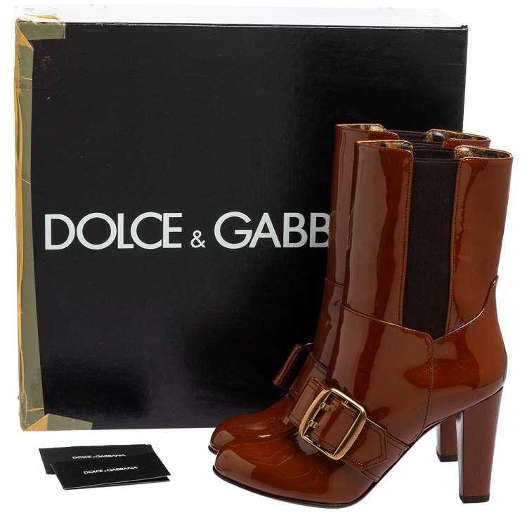 Pre Owned Dolce & Gabbana Brown Patent Leather Buckle Mid Calf Boots Size 38