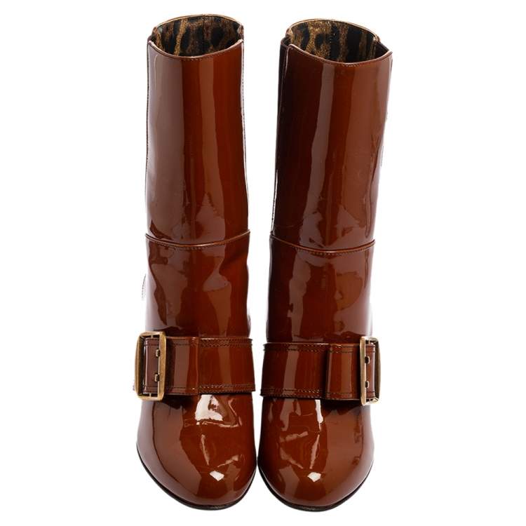 Pre Owned Dolce & Gabbana Brown Patent Leather Buckle Mid Calf Boots Size 38