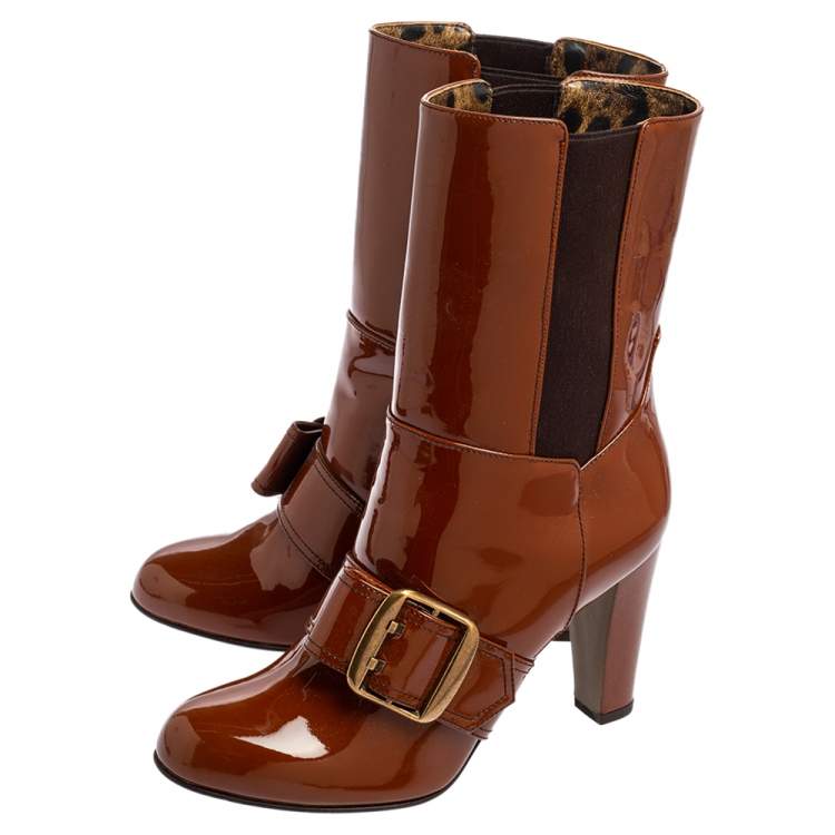 Pre Owned Dolce & Gabbana Brown Patent Leather Buckle Mid Calf Boots Size 38