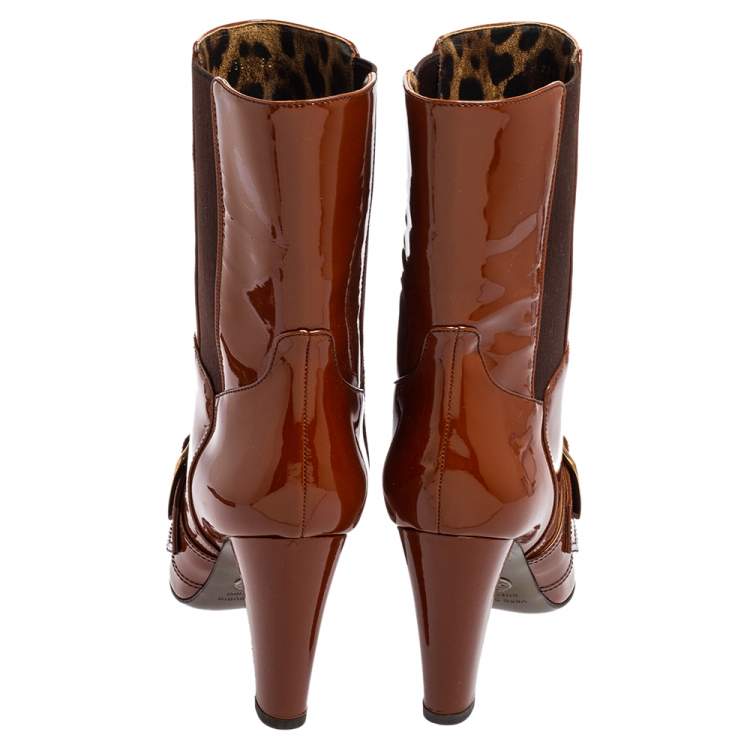 Pre Owned Dolce & Gabbana Brown Patent Leather Buckle Mid Calf Boots Size 38
