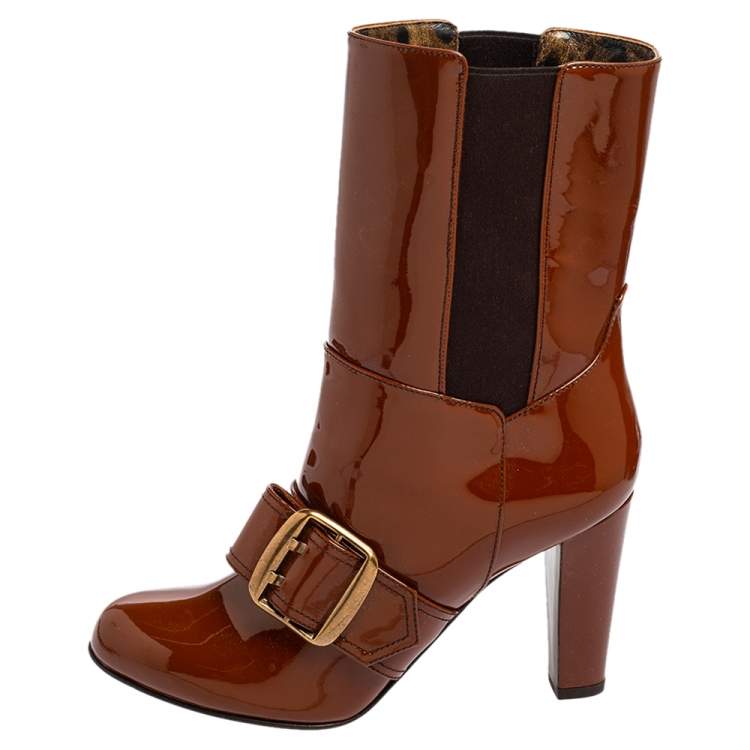 Pre Owned Dolce & Gabbana Brown Patent Leather Buckle Mid Calf Boots Size 38