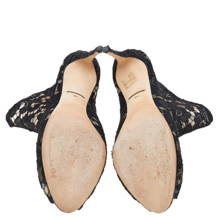 Pre Owned Dolce & Gabbana Black Lace Peep Toe Ankle Length Boots Size 39.5